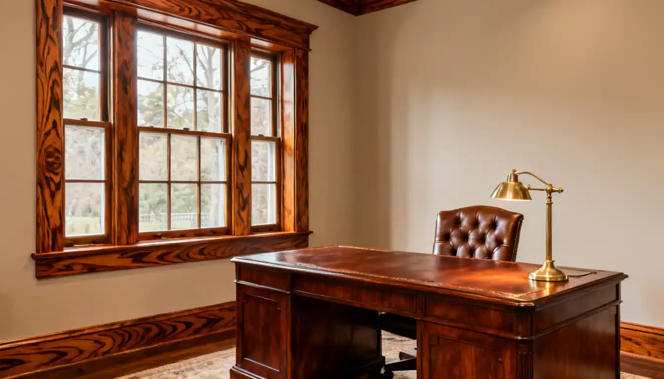 A dark wood executive desk with a tufted leather chair and brass desk lamp near a multi-paned window.