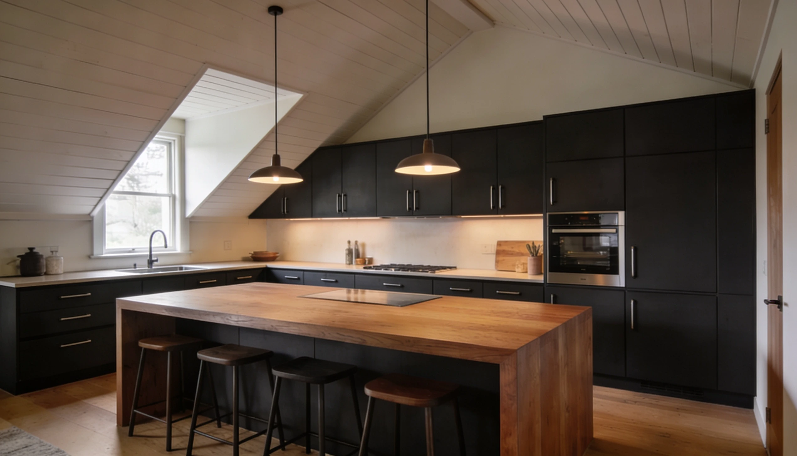 Modern saltbox kitchen with dark cabinets, stone island, and a sloped ceiling design.