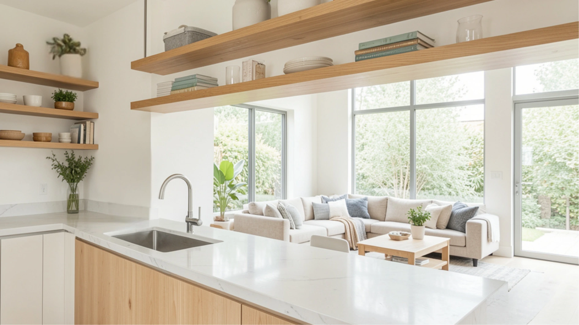 Bright, modern open-concept kitchen with white marble counters and light wood cabinetry flowing into a living area with a beige sectional sofa set against large windows overlooking greenery.