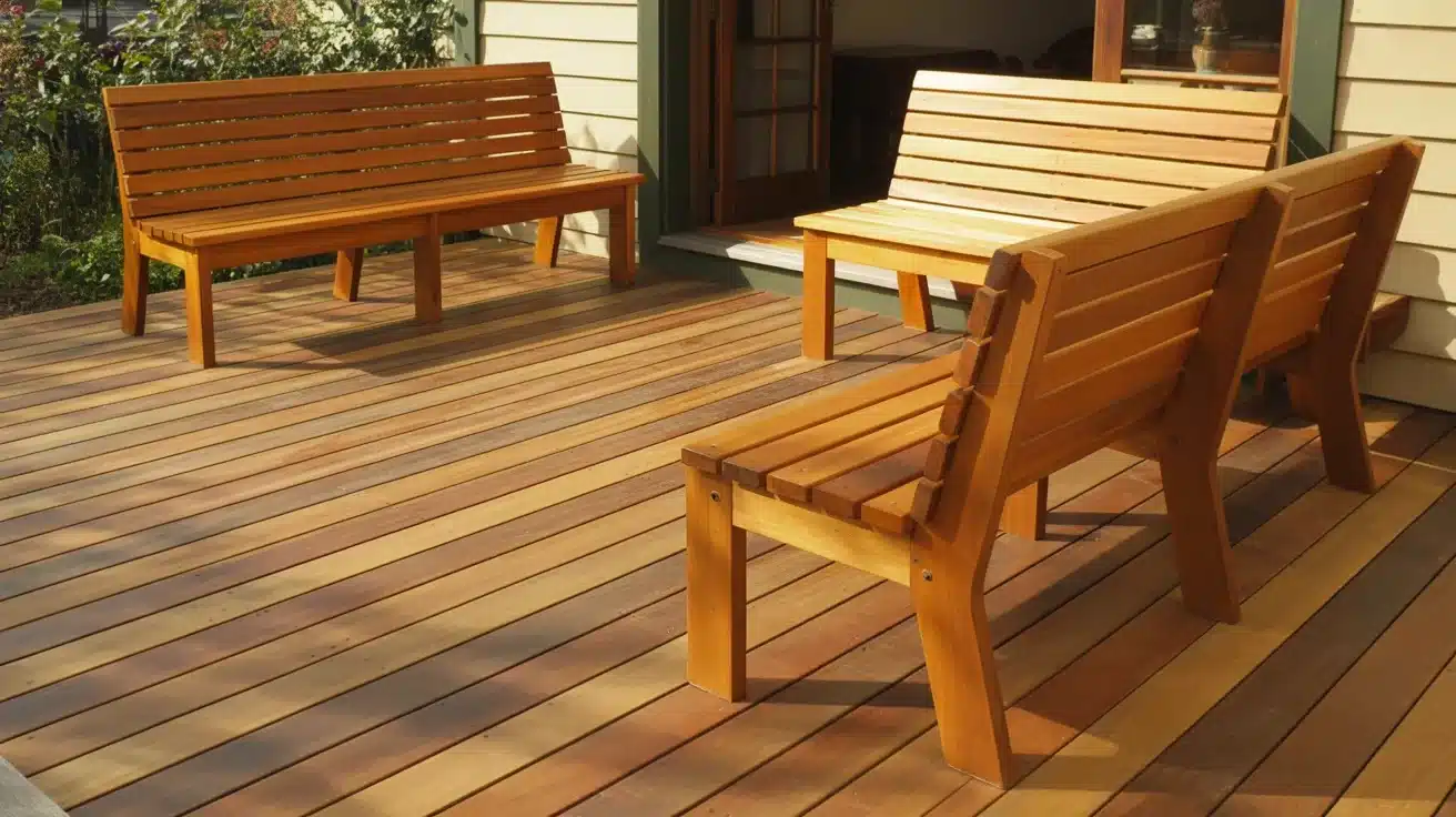 Three wooden slat benches sit on a newly finished, multi-toned wooden deck next to a light-colored house exterior