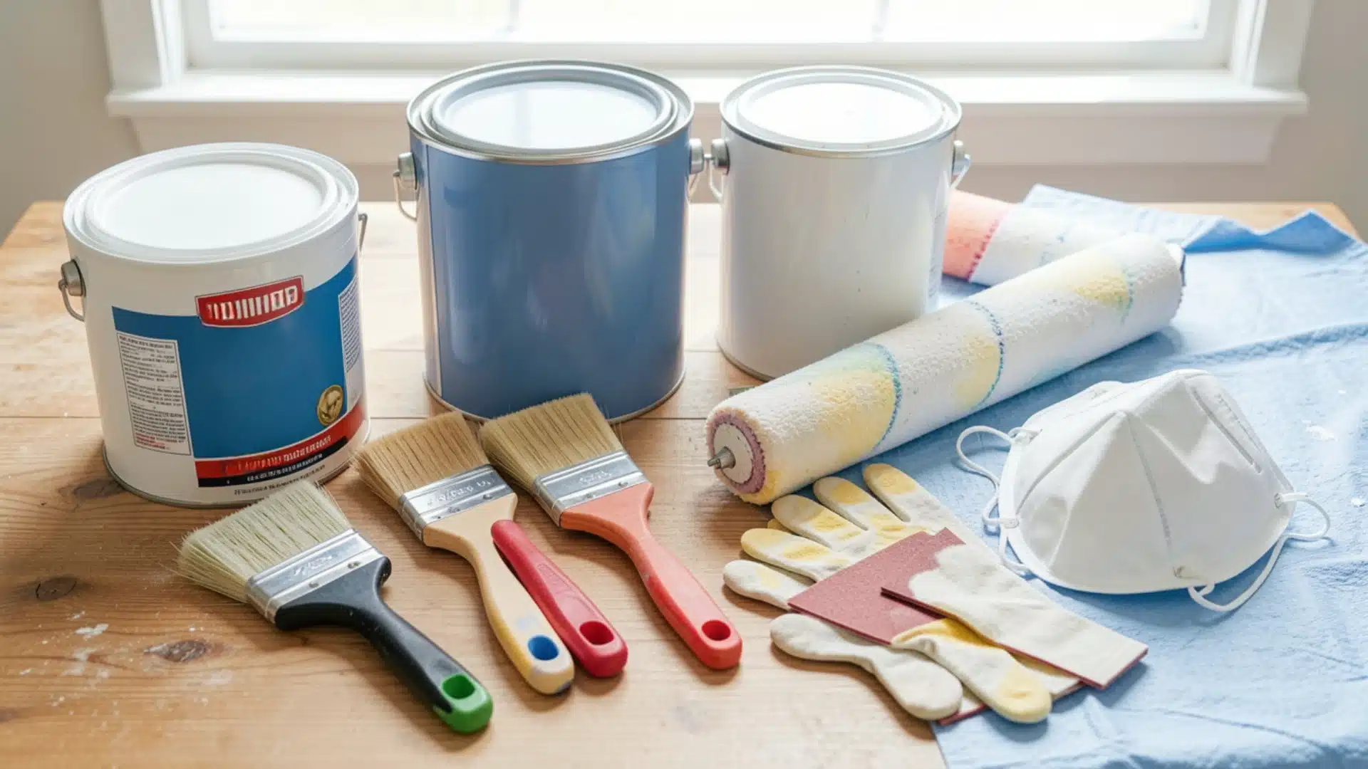 Paint cans, brushes, a roller, gloves, sandpaper, and a respirator rest on a wooden surface near a bright window