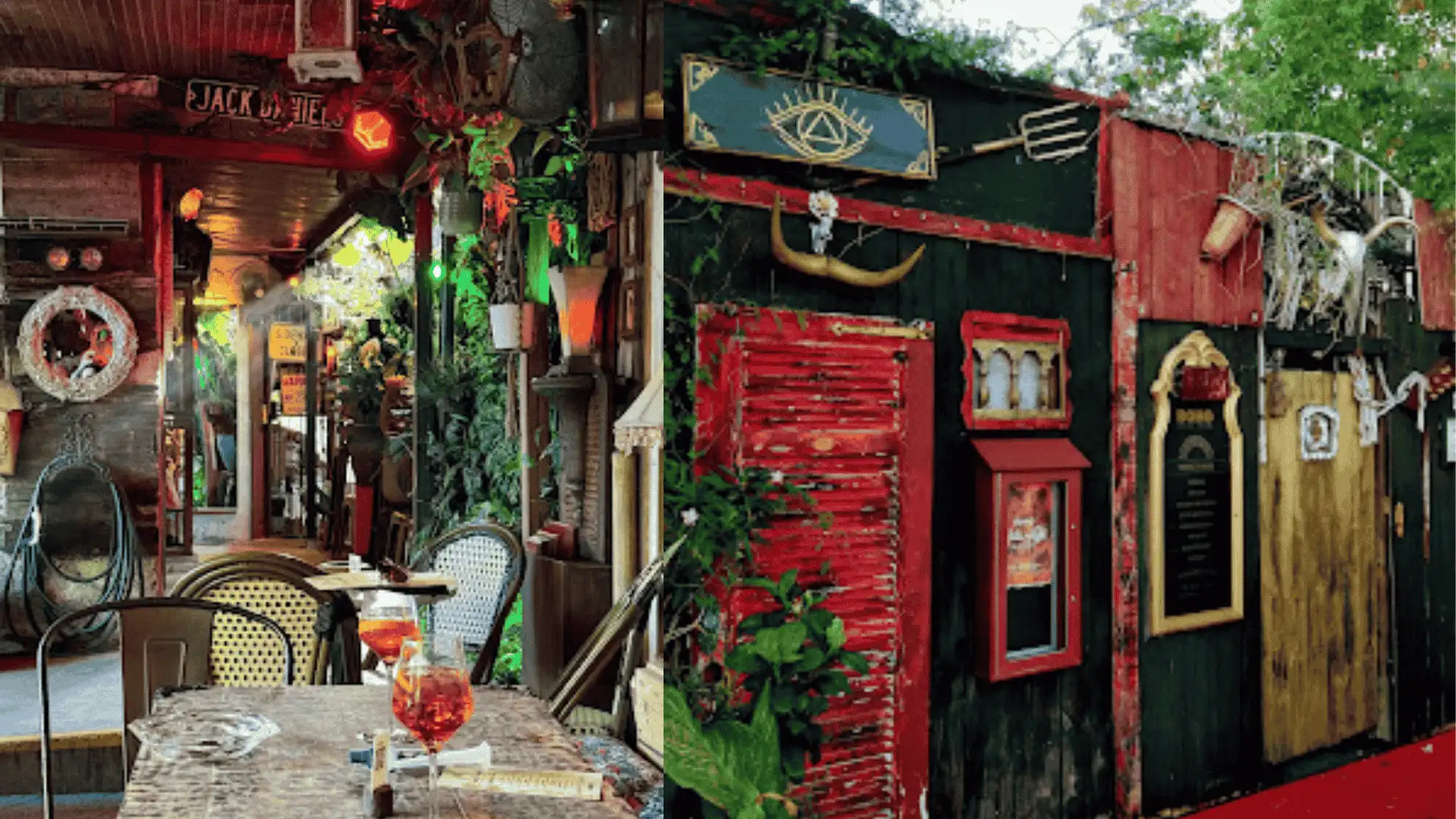 Two photos featuring the vibrant restaurant and bar areas of Boho House Miami.