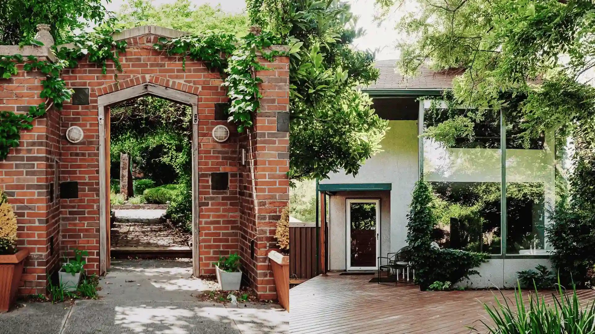 Two pictures showcasing a brick house with a door and patio, situated in the Bohemian Gardens (2)