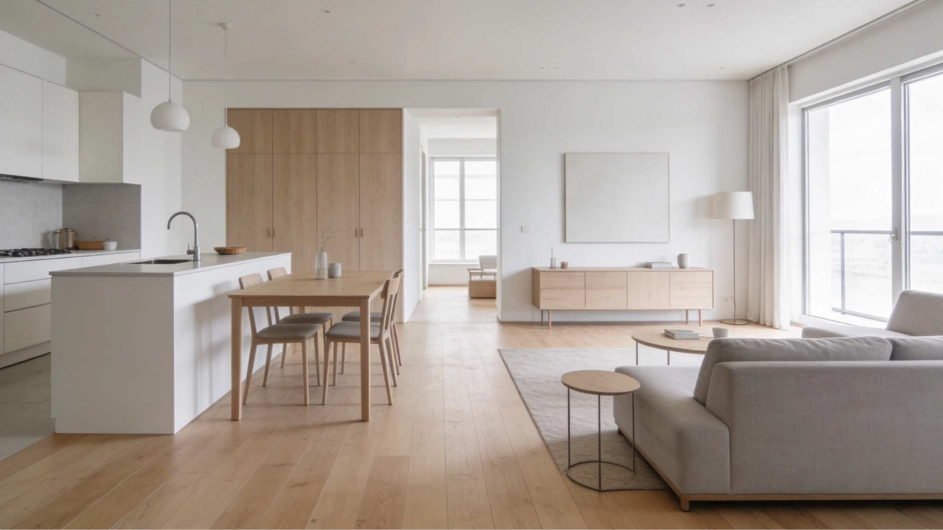 Bright, minimalist open-plan living space featuring a white kitchen, light wood dining set, and a light grey sofa in the living area.