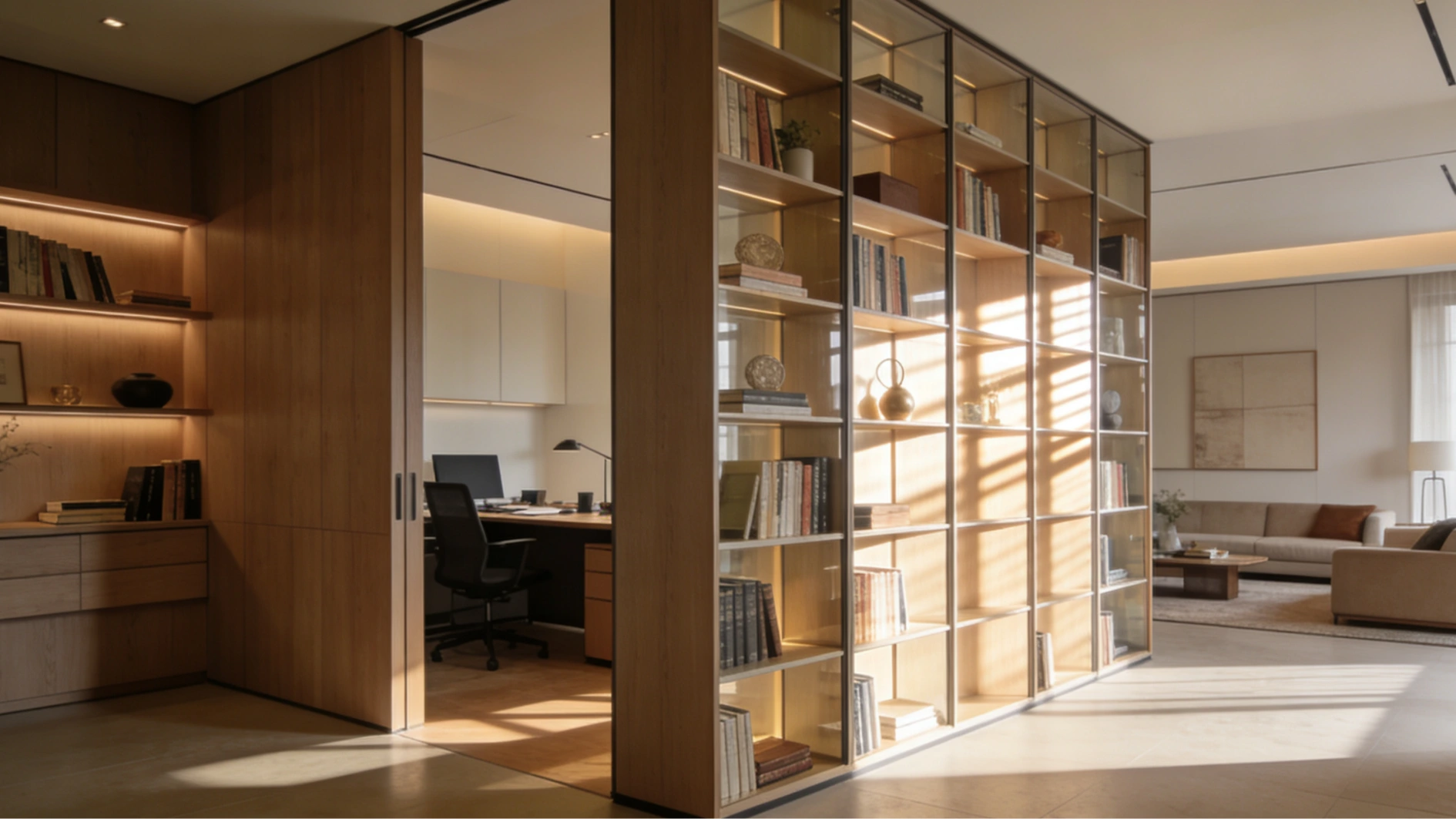 A contemporary office space with a stylish desk and a well-stocked bookshelf.