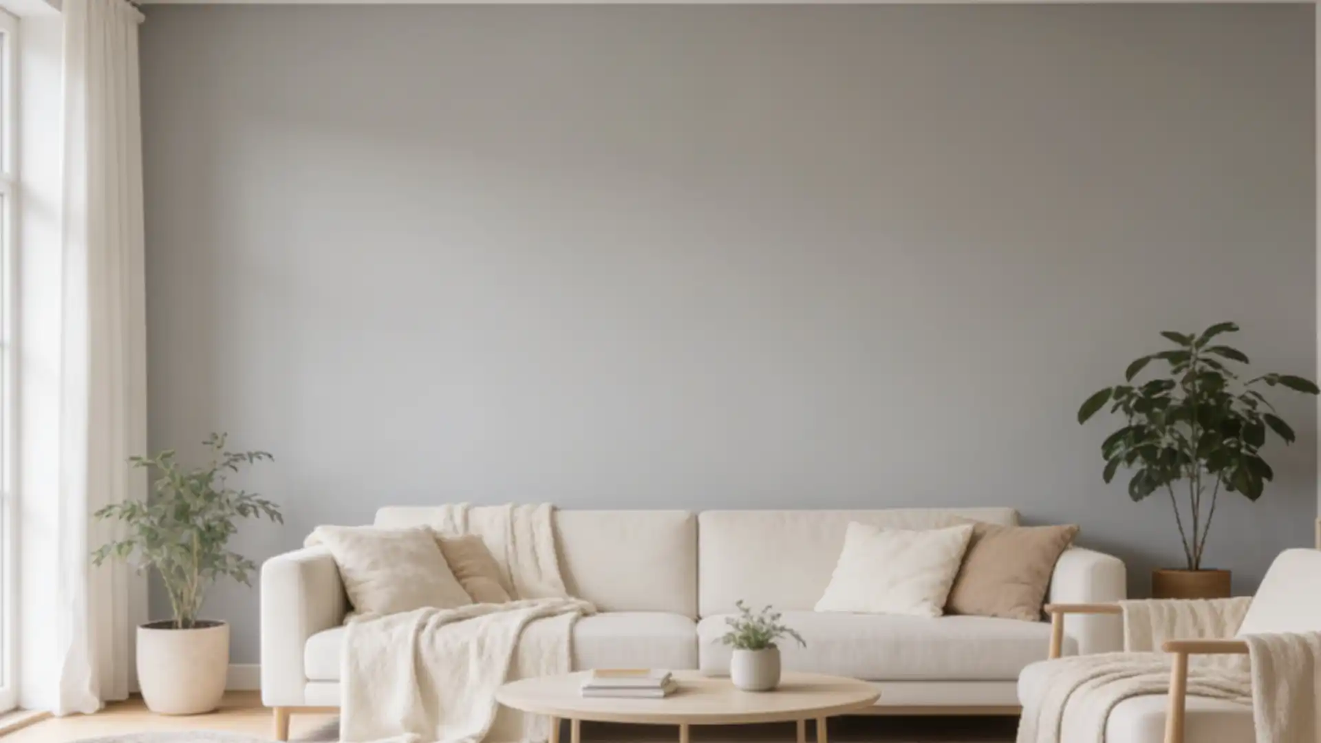 Minimalist living room featuring a cream sofa, light wood coffee table, and two large potted green plants against a muted gray wall.